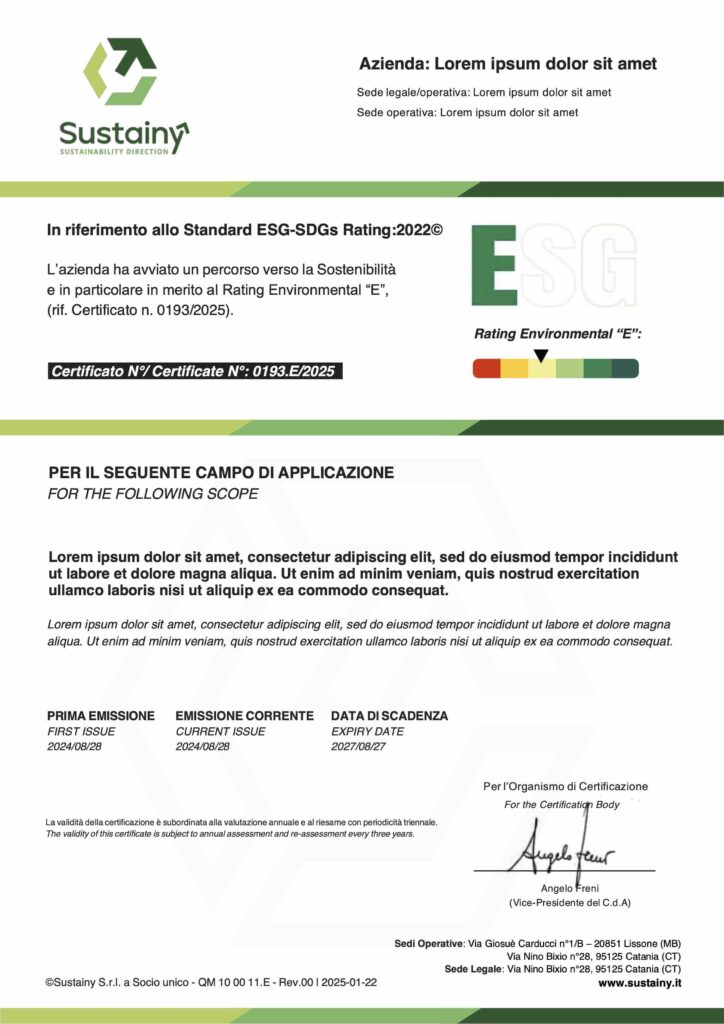Certificato del Rating E - Sustainy