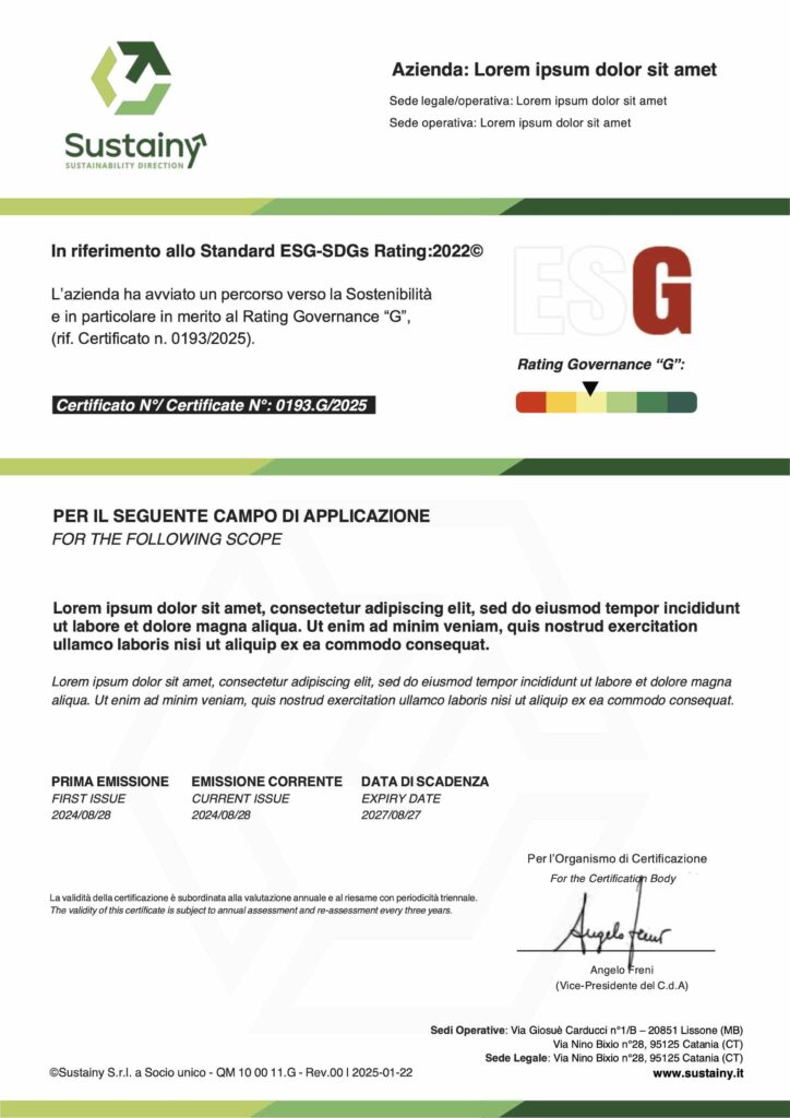 Certificato del Rating G - Sustainy