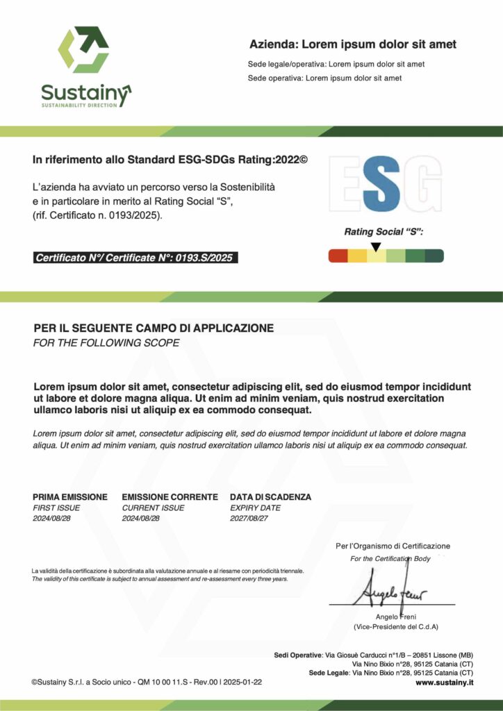 Certificato del Rating S - Sustainy